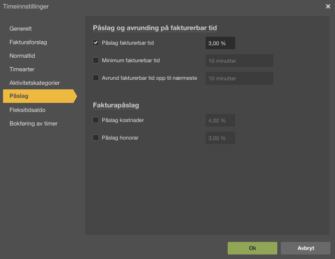 Bildet viser innstillinger for Påslag og avrunding av fakturerbar tid.