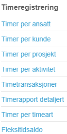 Bildet viser hvilke rapporter som finnes under området “Timeregistrering”