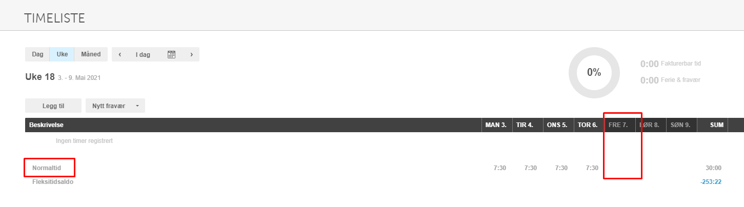 Bildet viser timeliste med avvikende normaltid i dager, hvor fredag er "fri"